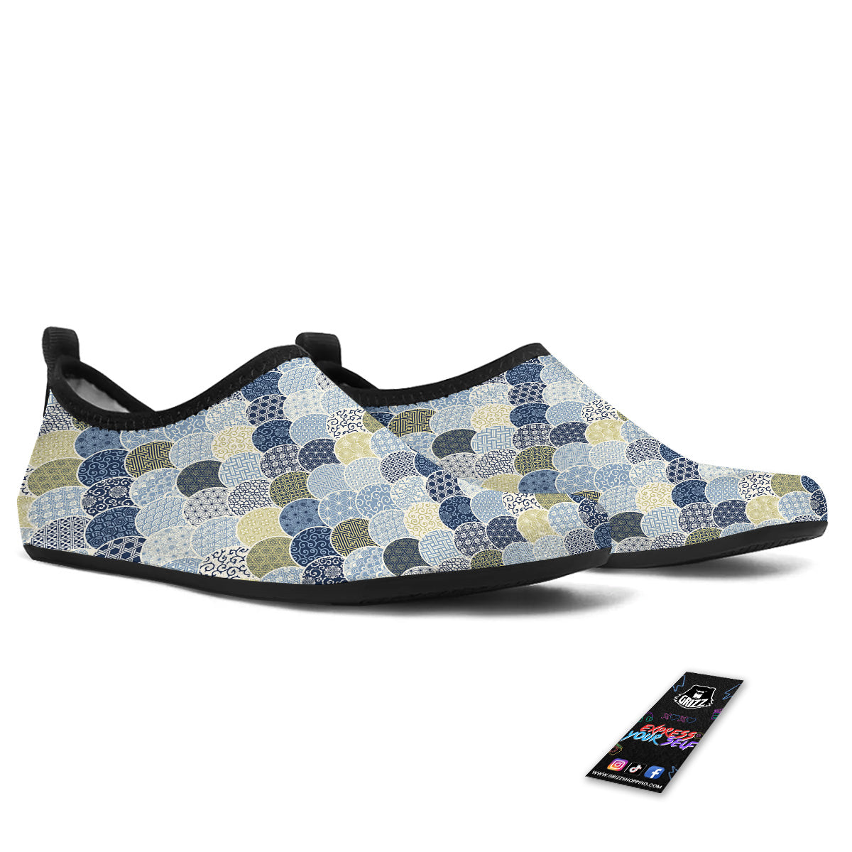Patchwork Blue Traditional Japanese Print Pattern Water Shoes-grizzshop