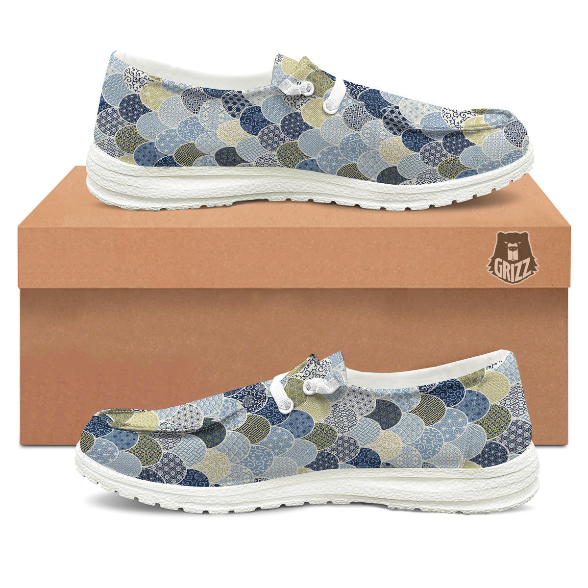 Patchwork Blue Traditional Japanese Print Pattern White Loafers-grizzshop