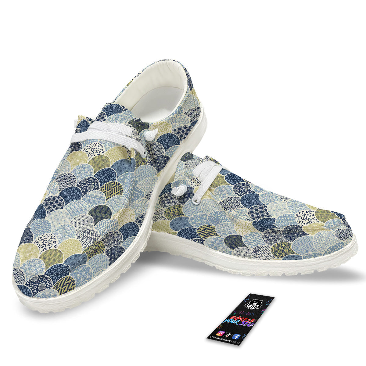 Patchwork Blue Traditional Japanese Print Pattern White Loafers-grizzshop