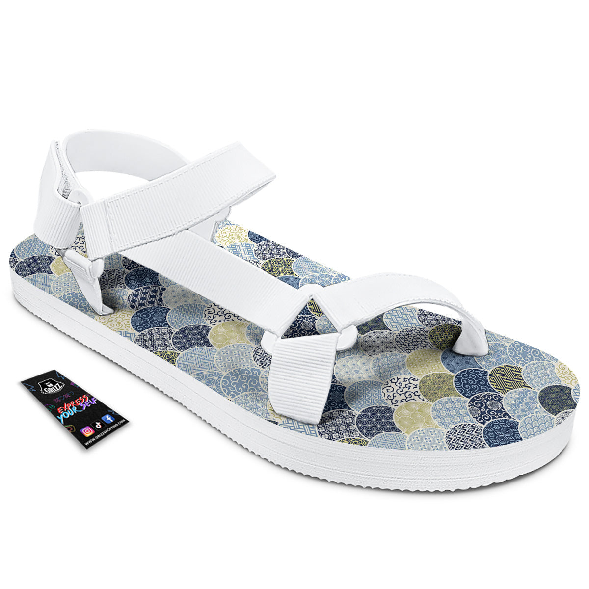 Patchwork Blue Traditional Japanese Print Pattern White Open Toe Sandals-grizzshop