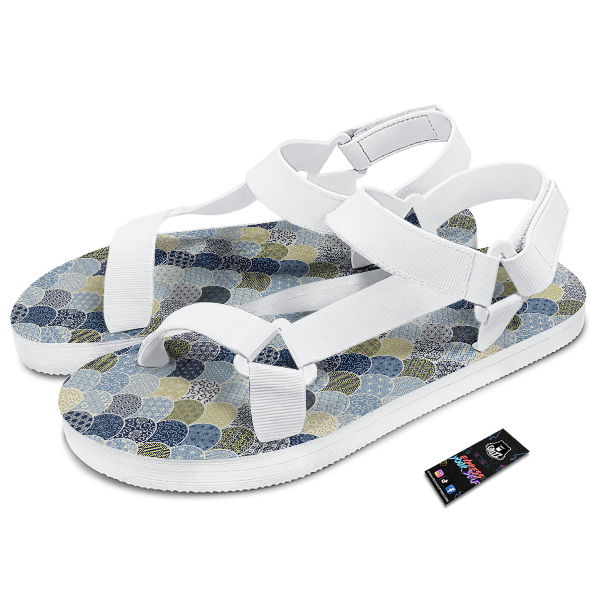 Patchwork Blue Traditional Japanese Print Pattern White Open Toe Sandals-grizzshop