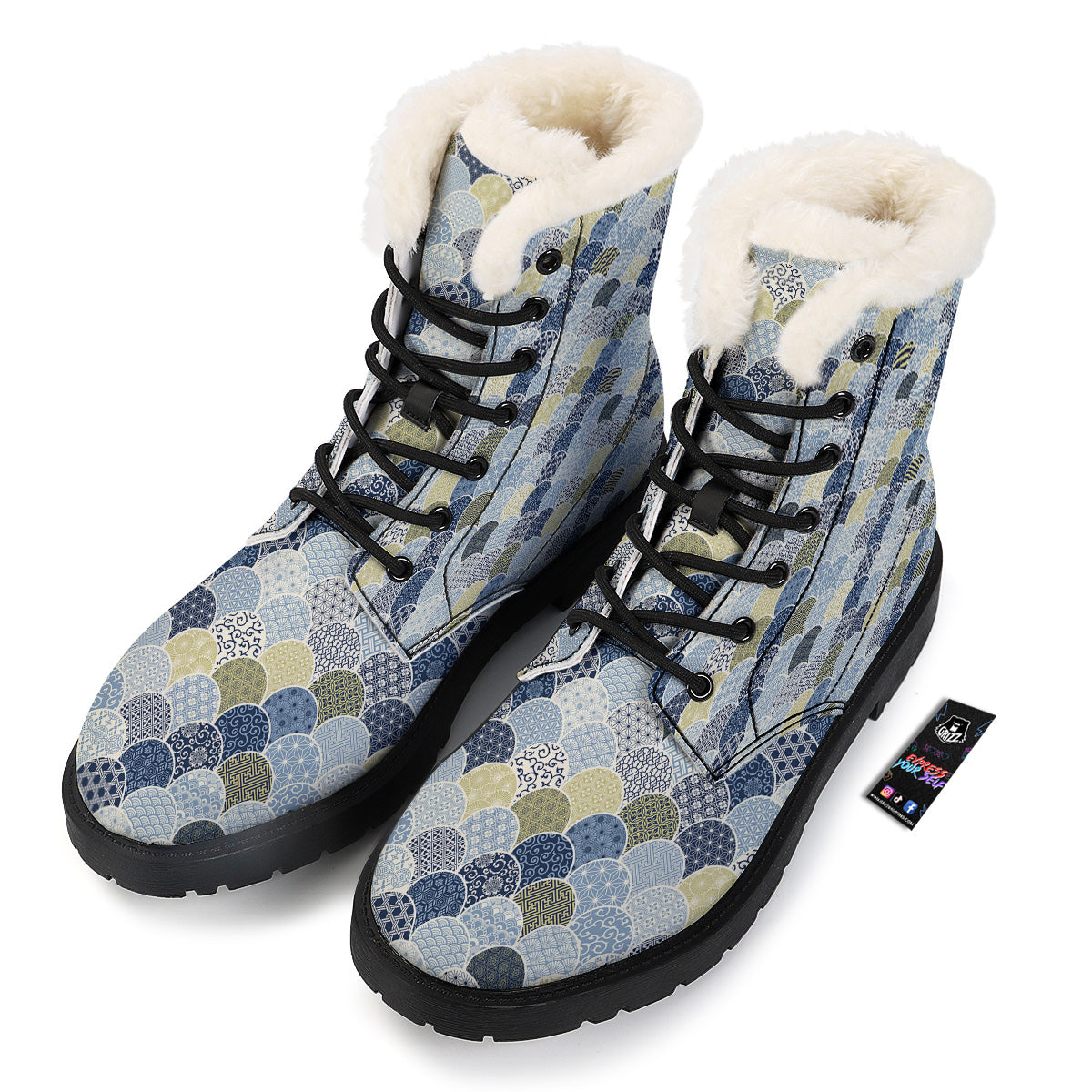Patchwork Blue Traditional Japanese Print Pattern Winter Boots-grizzshop