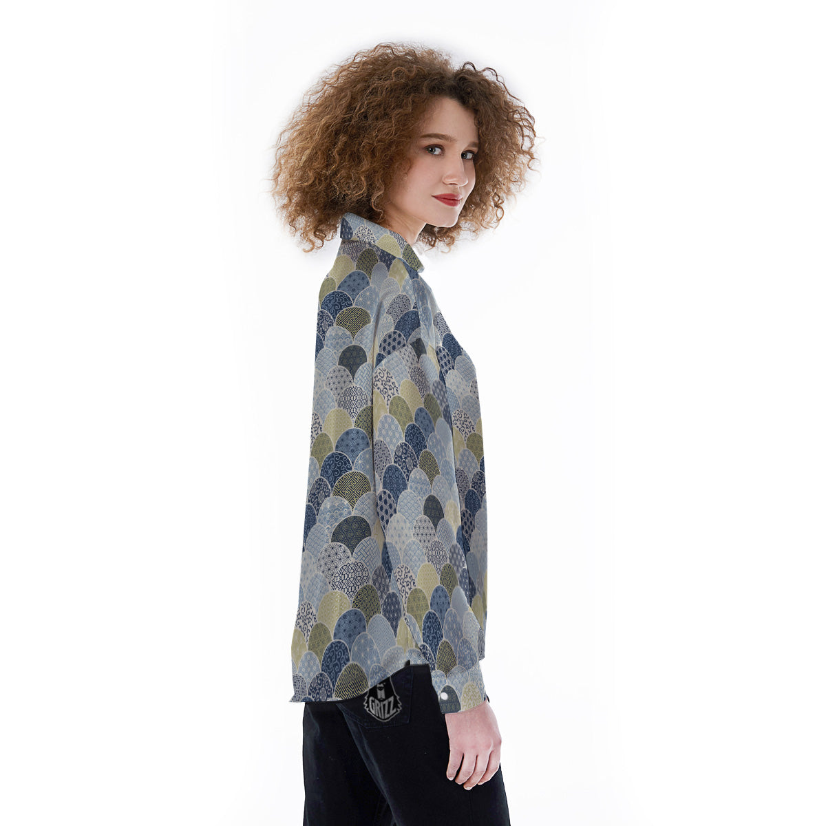 Patchwork Blue Traditional Japanese Print Pattern Women's Long Sleeve Shirts-grizzshop