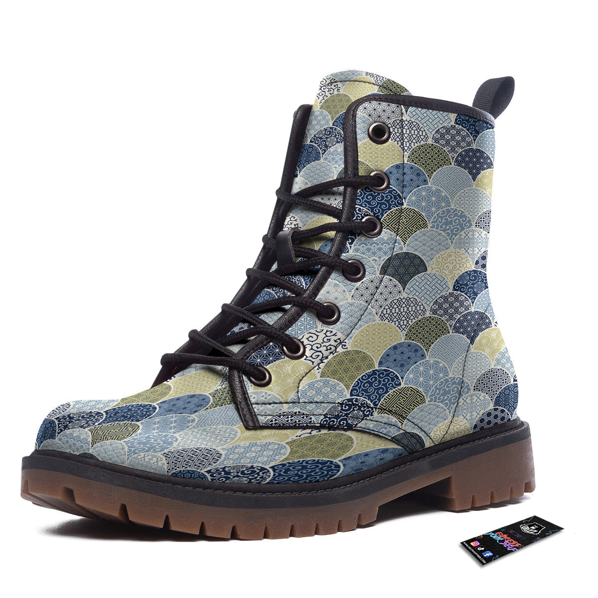 Patchwork Blue Traditional Japanese Print Pattern Work Boots-grizzshop