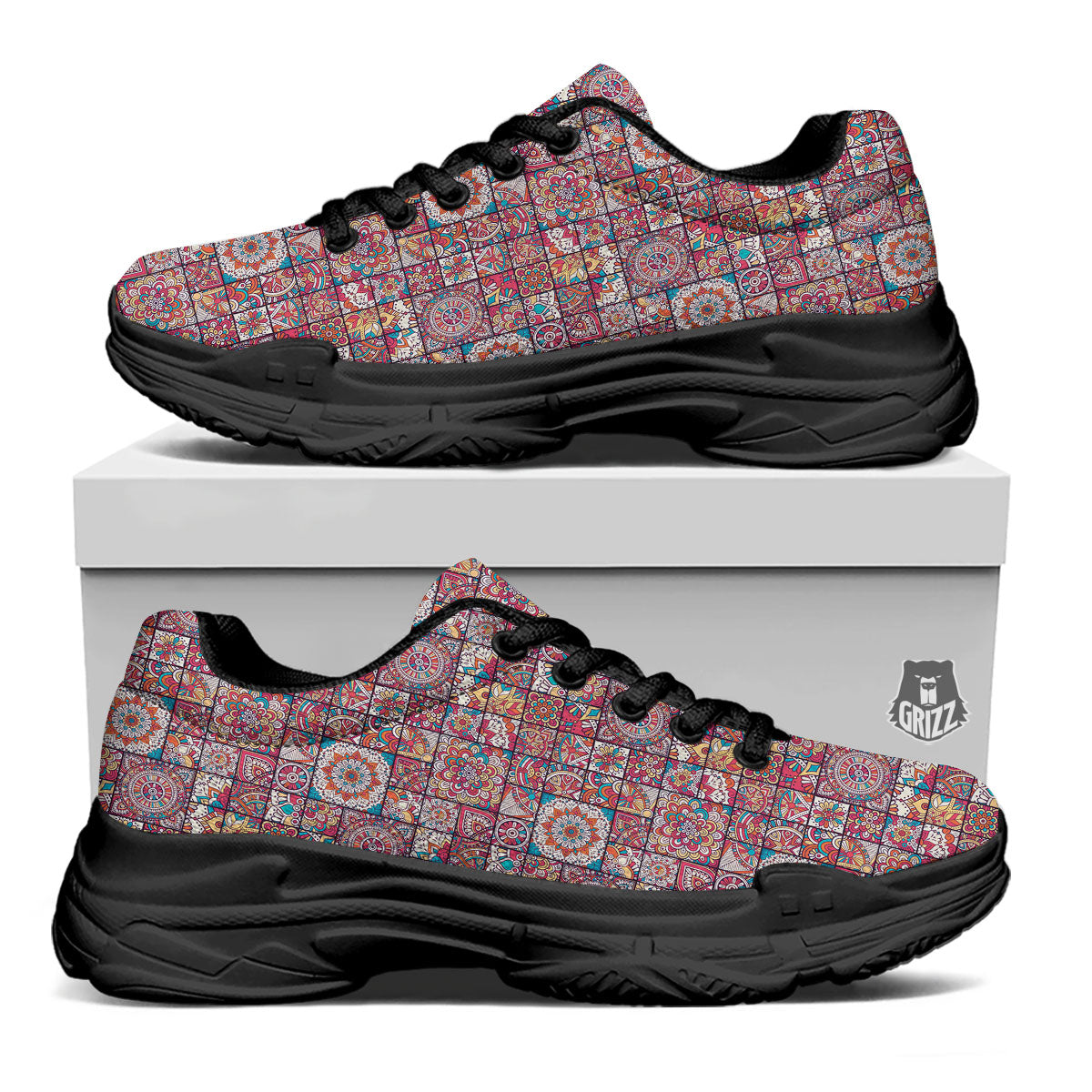 Patchwork Bohemian Print Pattern Black Chunky Shoes-grizzshop
