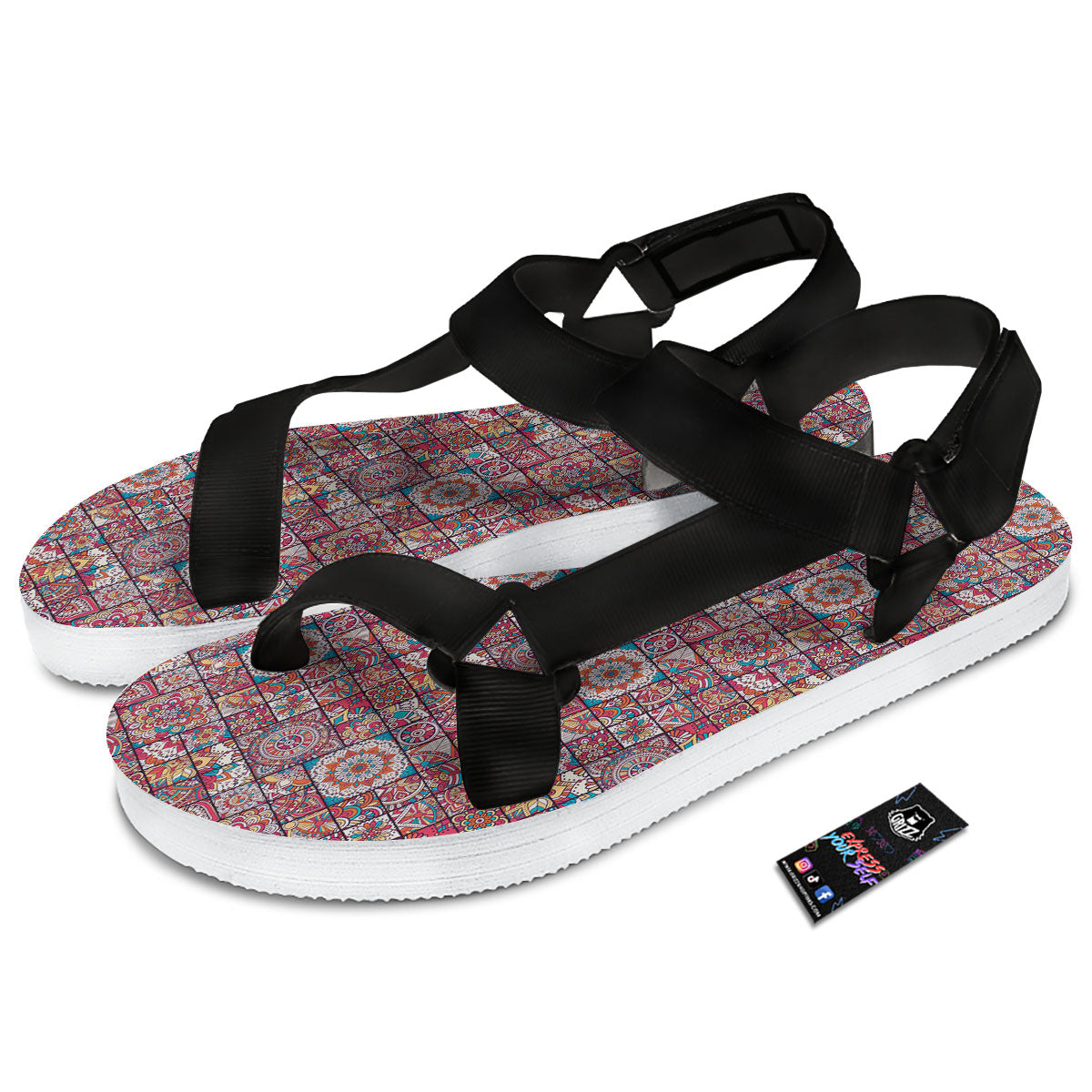 Patchwork Bohemian Print Pattern Black Open Toe Sandals-grizzshop