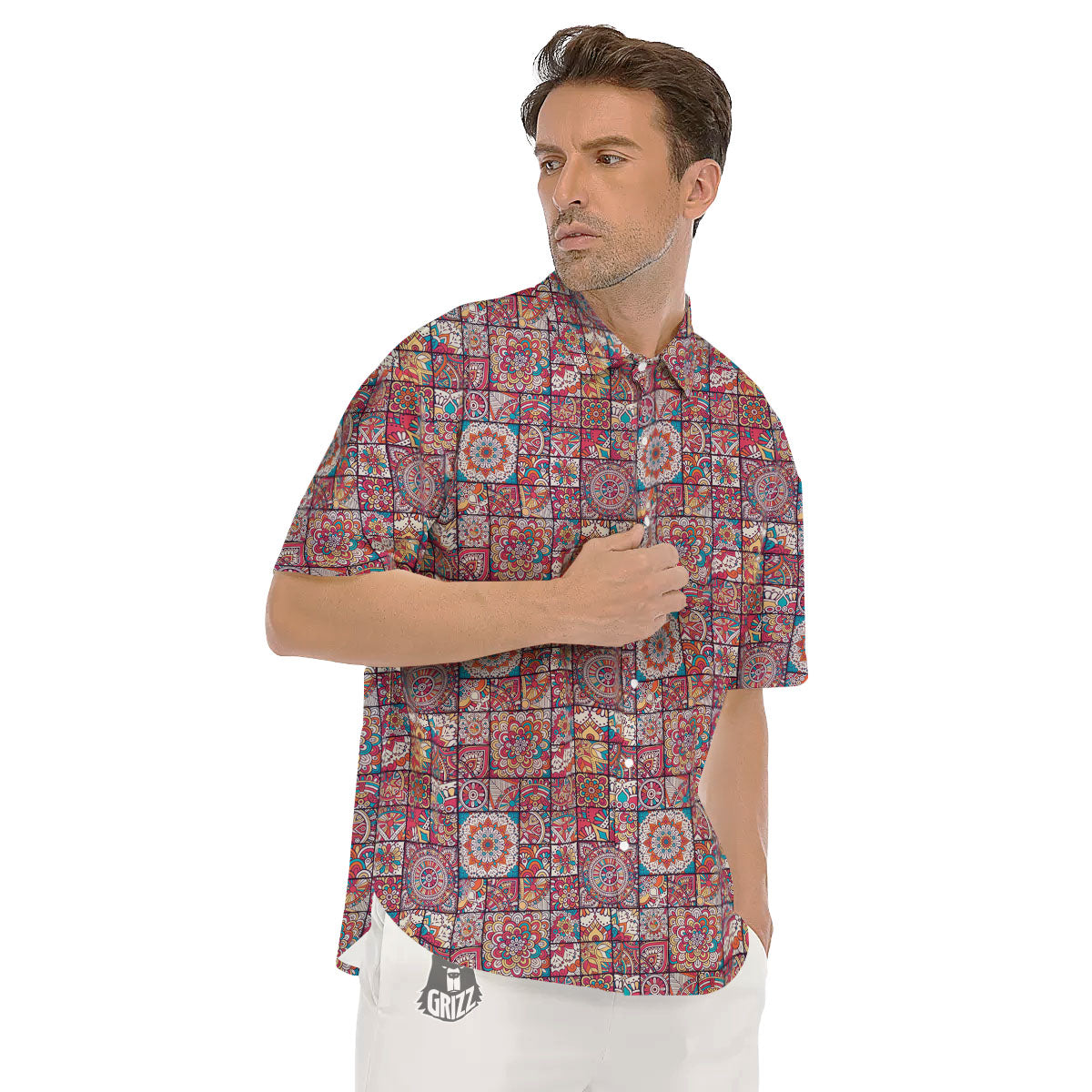 Patchwork Bohemian Print Pattern Men's Short Sleeve Shirts-grizzshop