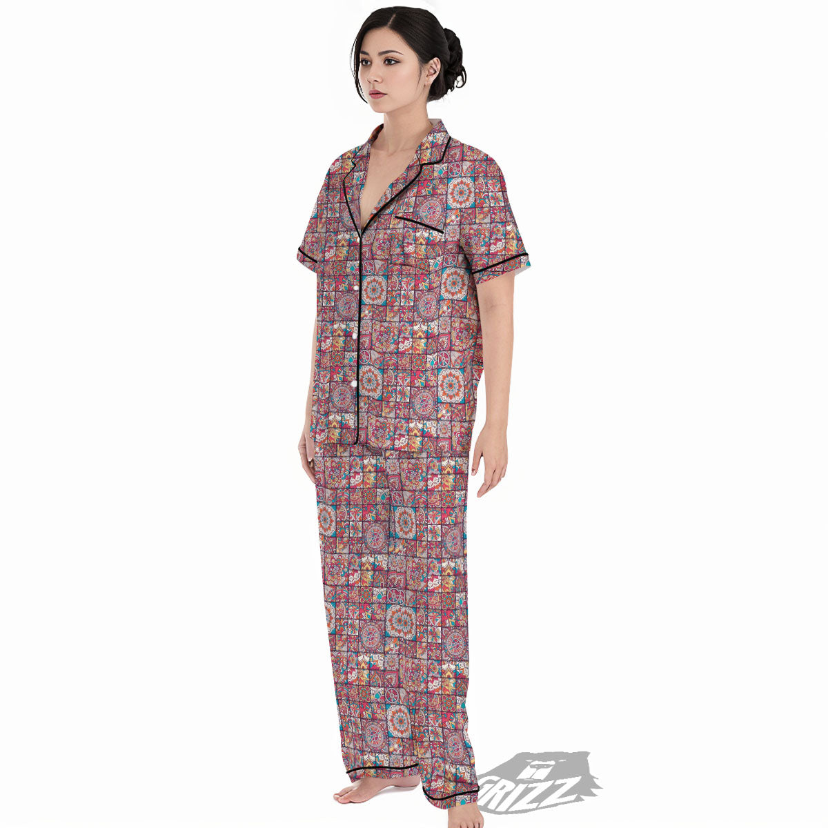 Patchwork Bohemian Print Pattern Women's Pajamas Set-grizzshop