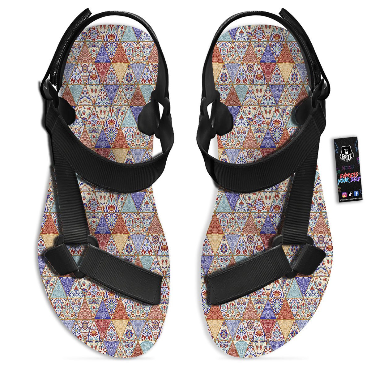 Patchwork Boho Mandala Print Pattern Black Open Toe Sandals-grizzshop