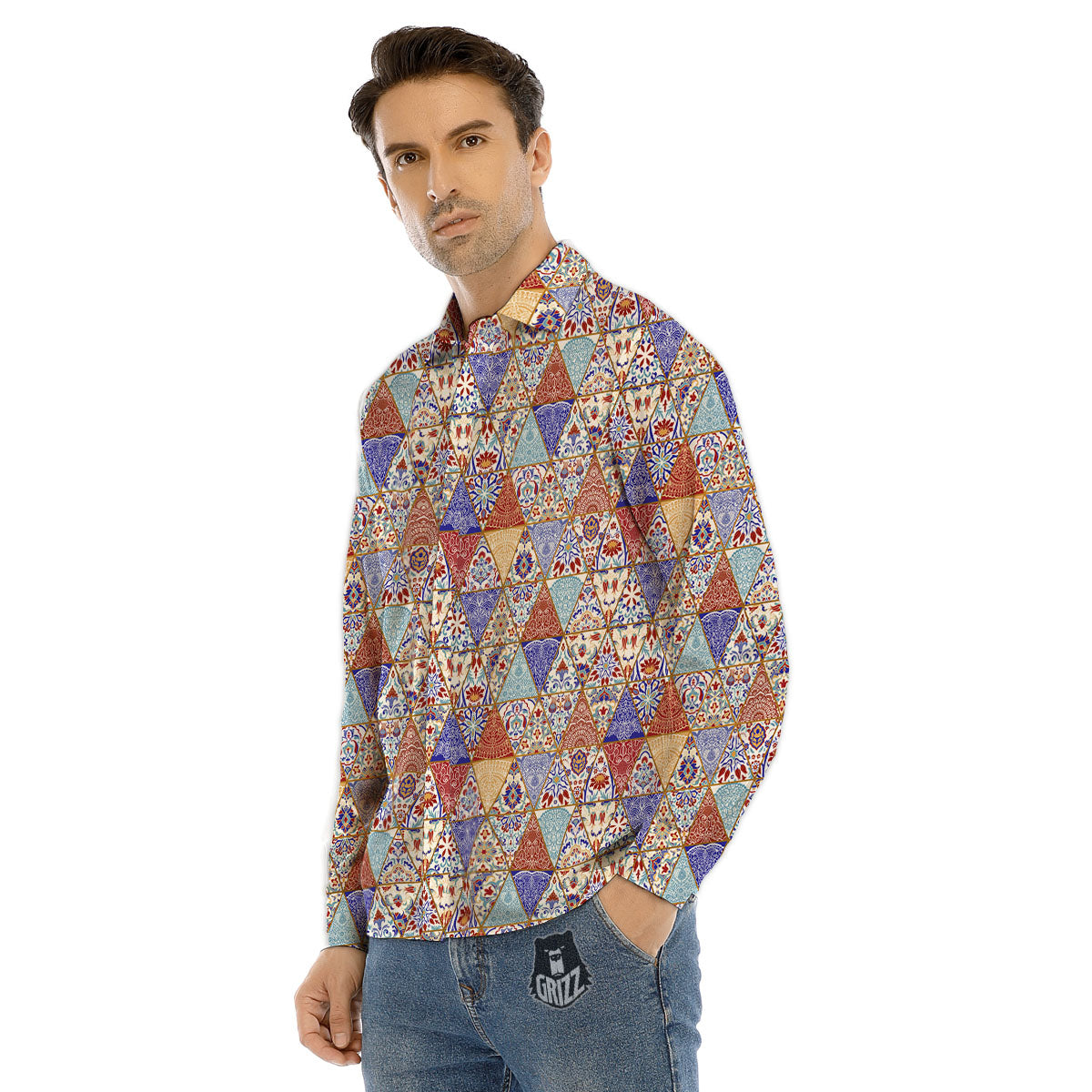 Patchwork Boho Mandala Print Pattern Men's Dress Shirts-grizzshop