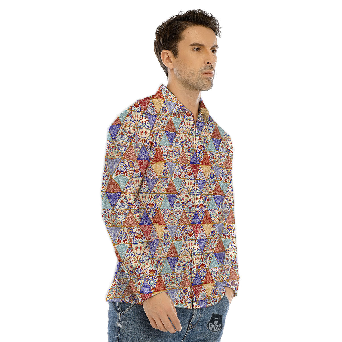 Patchwork Boho Mandala Print Pattern Men's Dress Shirts-grizzshop