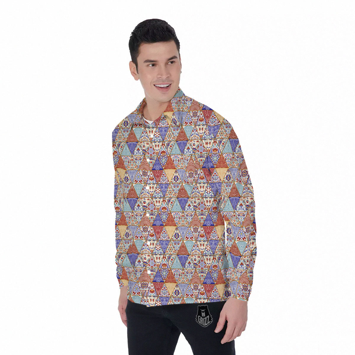 Patchwork Boho Mandala Print Pattern Men's Long Sleeve Shirts-grizzshop