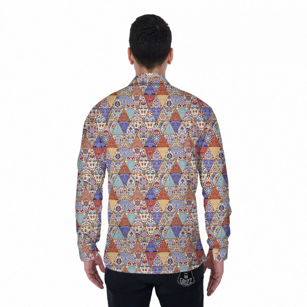 Patchwork Boho Mandala Print Pattern Men's Long Sleeve Shirts-grizzshop