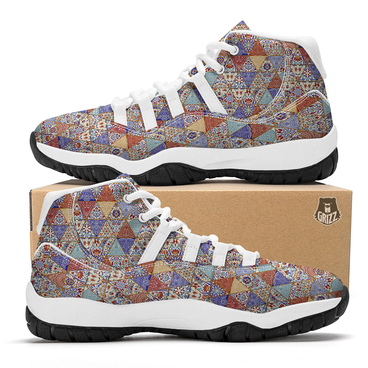 Patchwork Boho Mandala Print Pattern White Bball Shoes-grizzshop