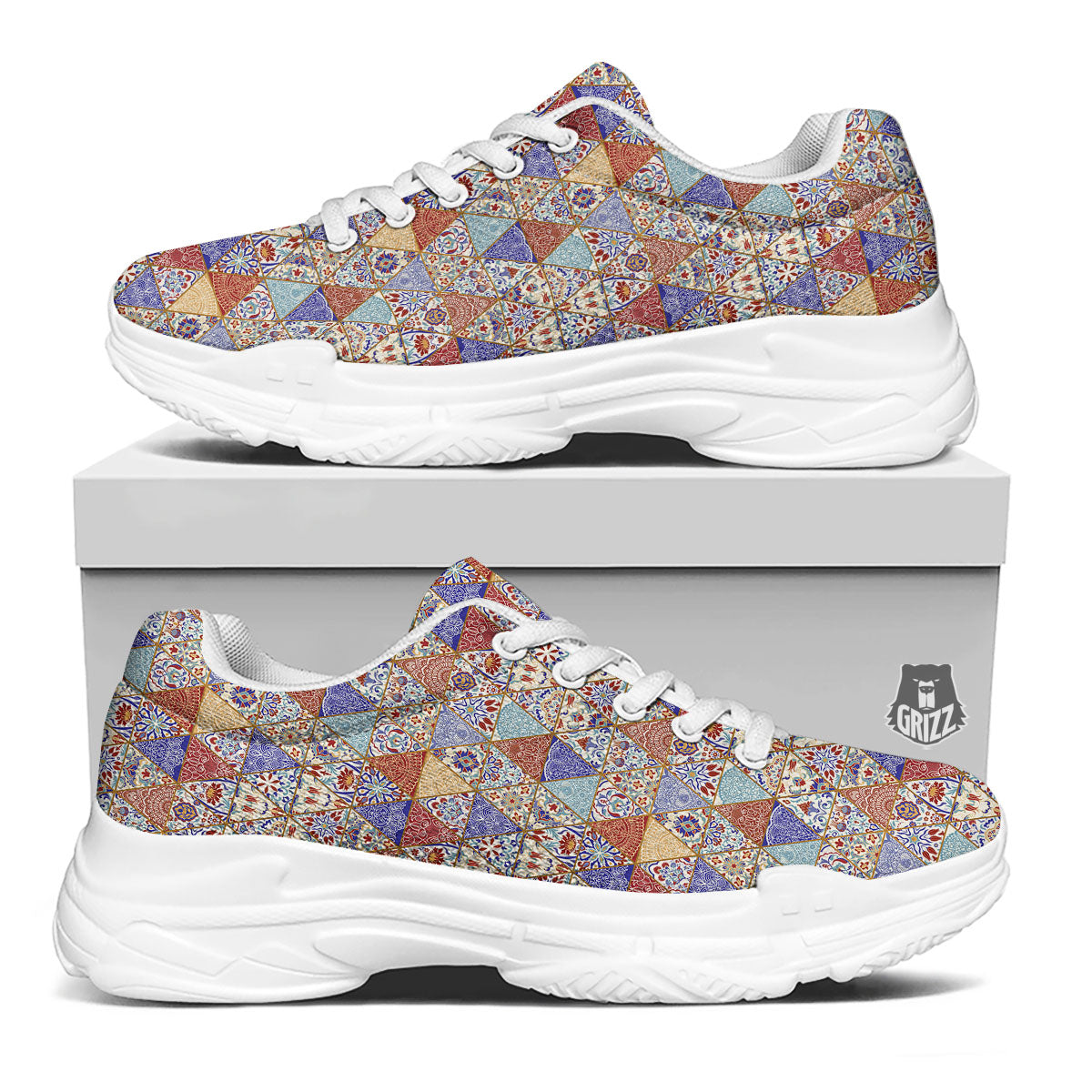 Patchwork Boho Mandala Print Pattern White Chunky Shoes-grizzshop