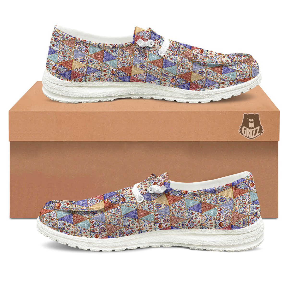 Patchwork Boho Mandala Print Pattern White Loafers-grizzshop