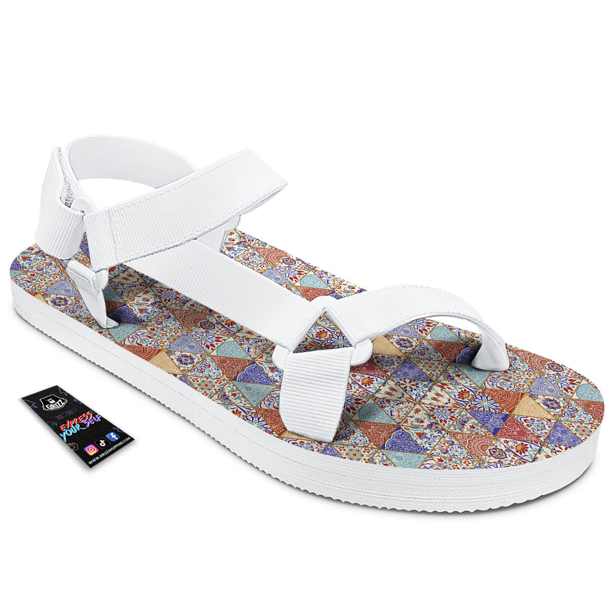 Patchwork Boho Mandala Print Pattern White Open Toe Sandals-grizzshop