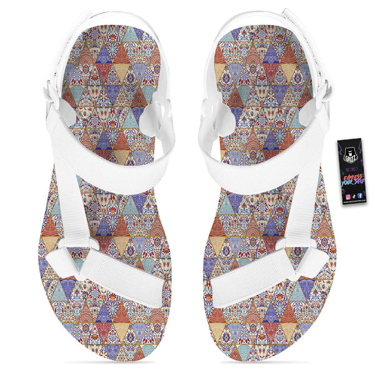 Patchwork Boho Mandala Print Pattern White Open Toe Sandals-grizzshop