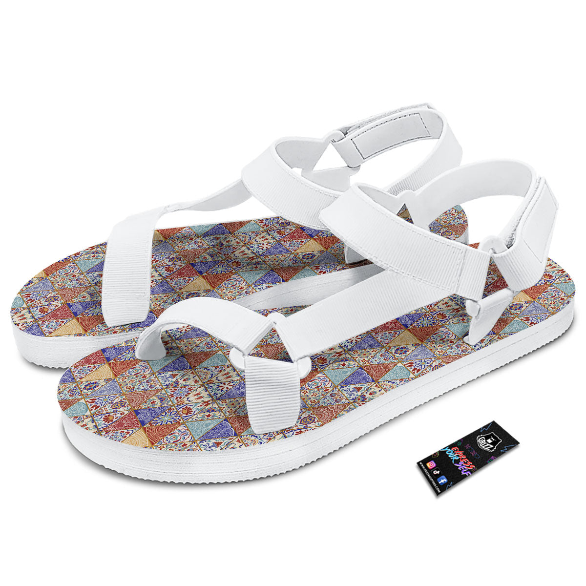 Patchwork Boho Mandala Print Pattern White Open Toe Sandals-grizzshop
