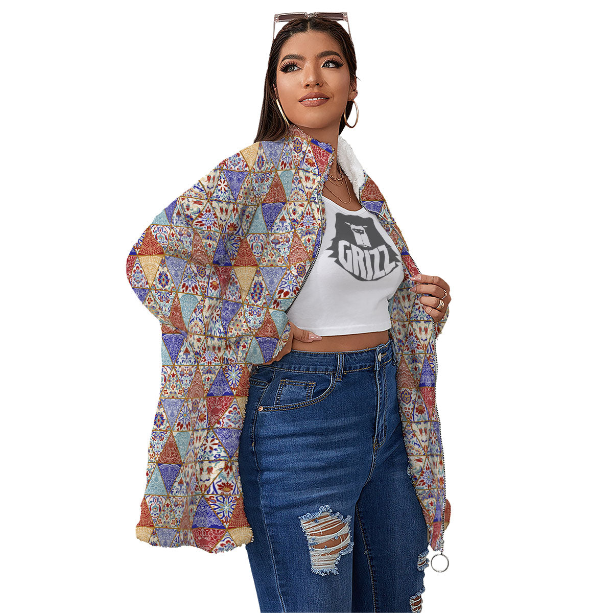 Patchwork Boho Mandala Print Pattern Women's Sherpa Jacket-grizzshop