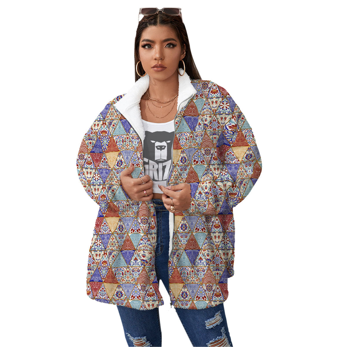 Patchwork Boho Mandala Print Pattern Women's Sherpa Jacket-grizzshop