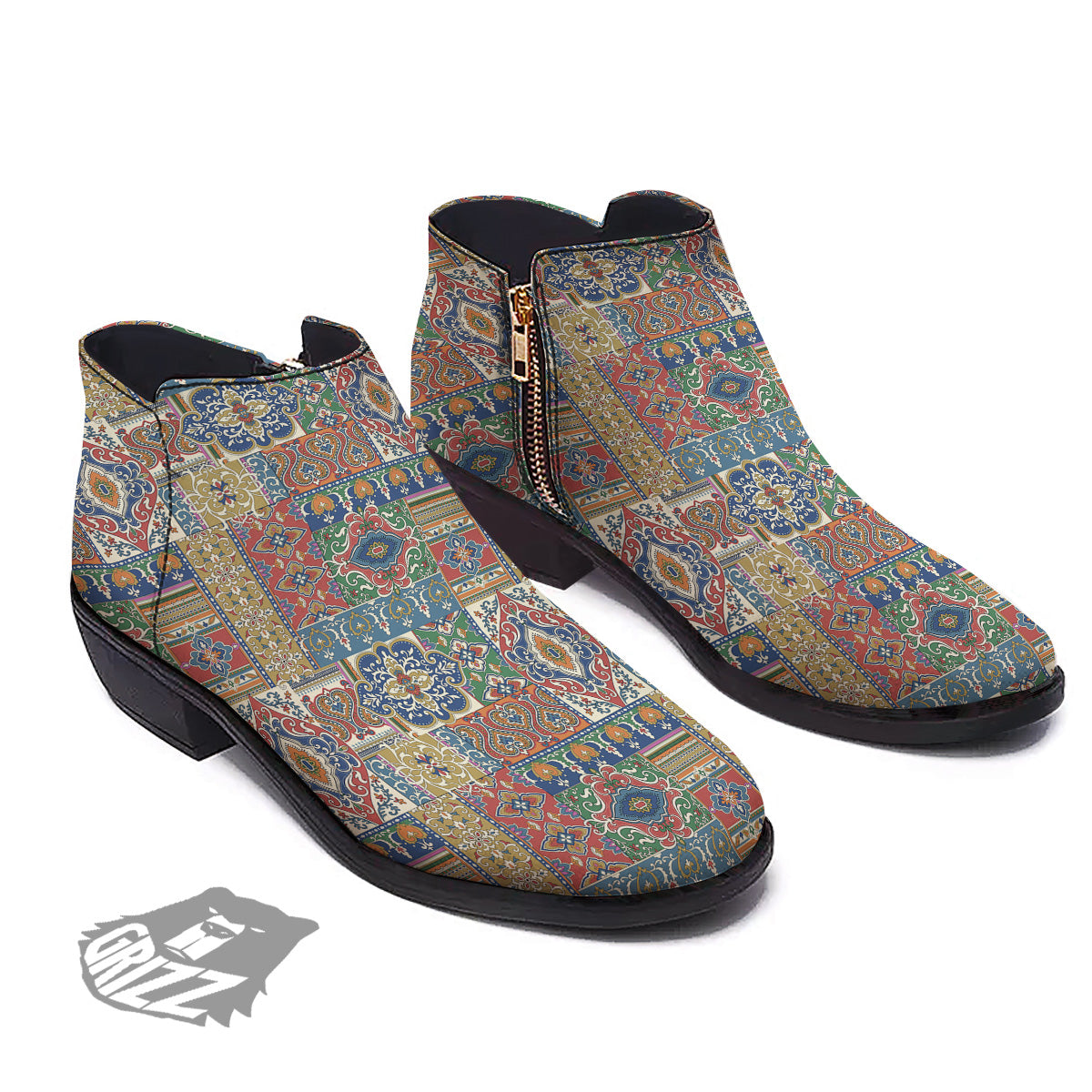 Patchwork Damask Vintage Print Pattern Ankle Boots-grizzshop