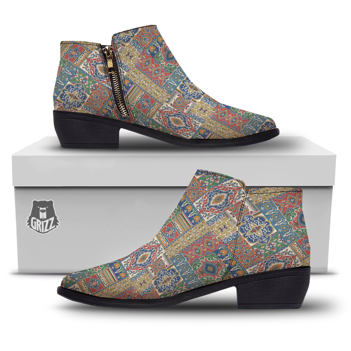 Patchwork Damask Vintage Print Pattern Ankle Boots-grizzshop