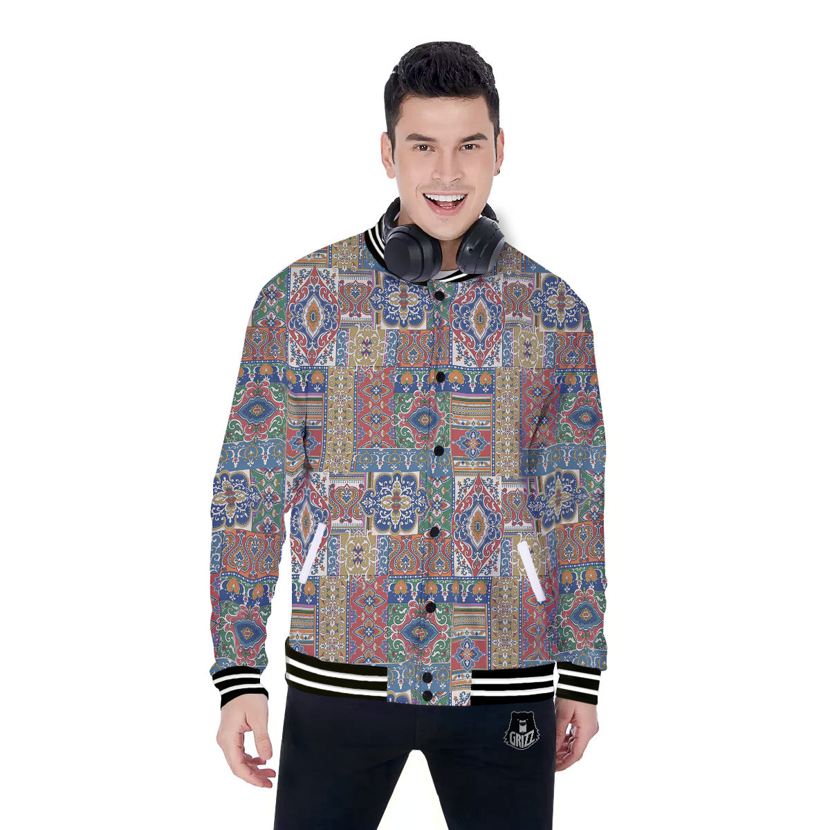 Patchwork Damask Vintage Print Pattern Baseball Jacket-grizzshop