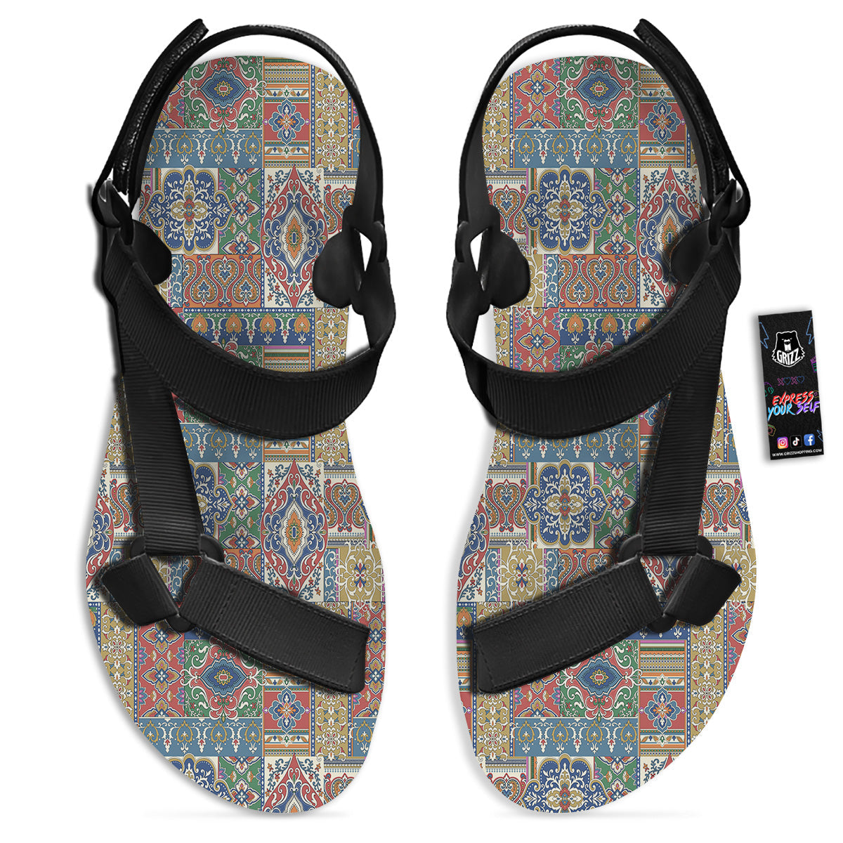 Patchwork Damask Vintage Print Pattern Black Open Toe Sandals-grizzshop
