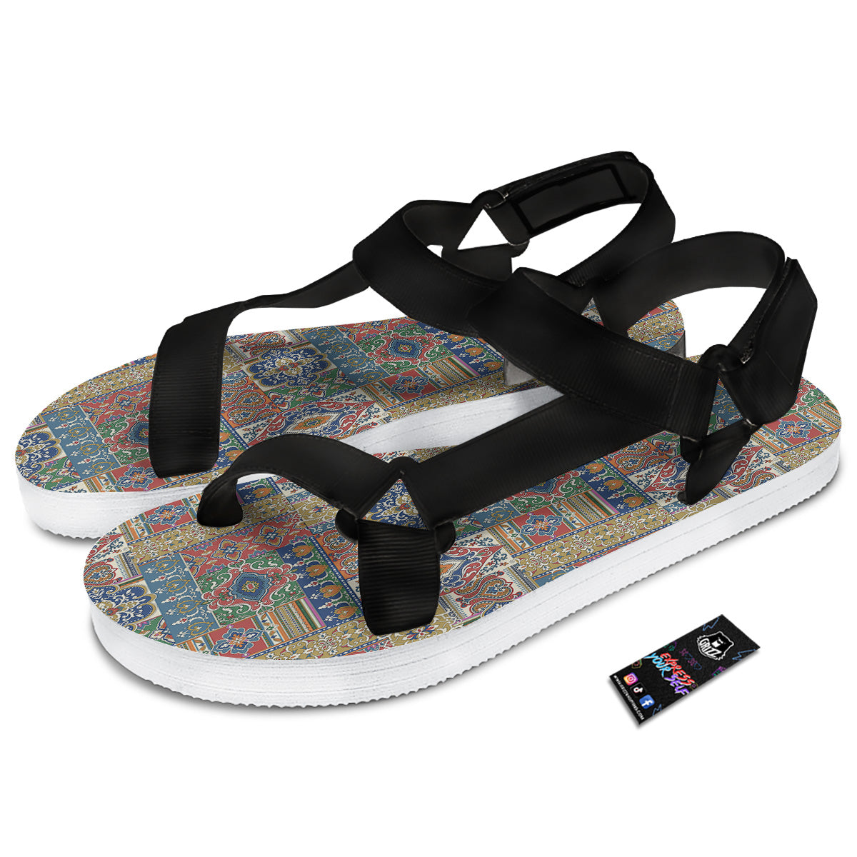 Patchwork Damask Vintage Print Pattern Black Open Toe Sandals-grizzshop