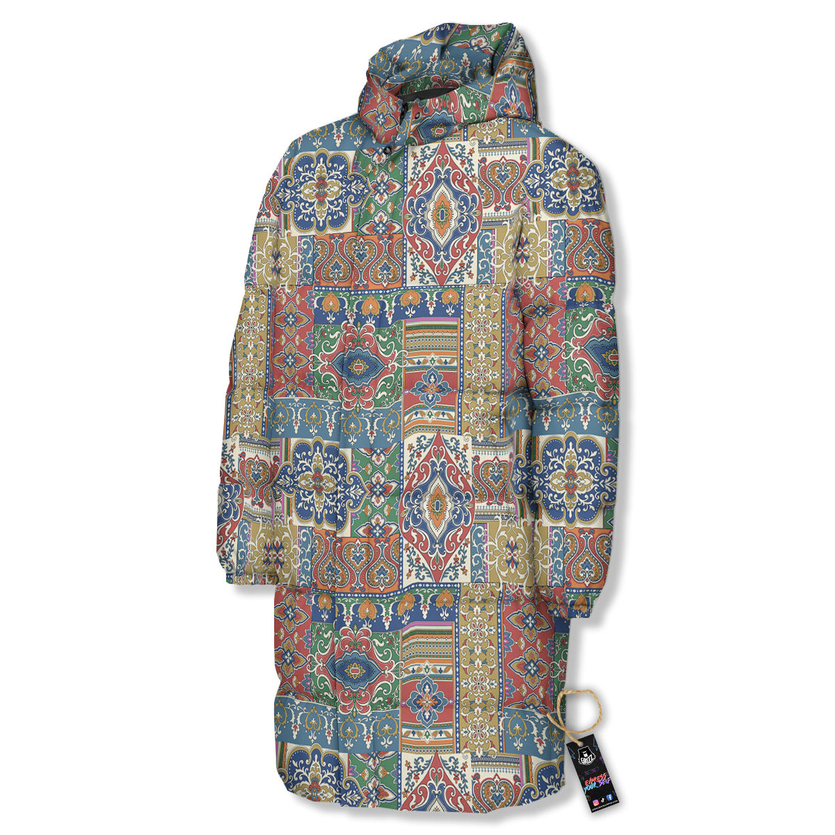 Patchwork Damask Vintage Print Pattern Long Down Jacket-grizzshop
