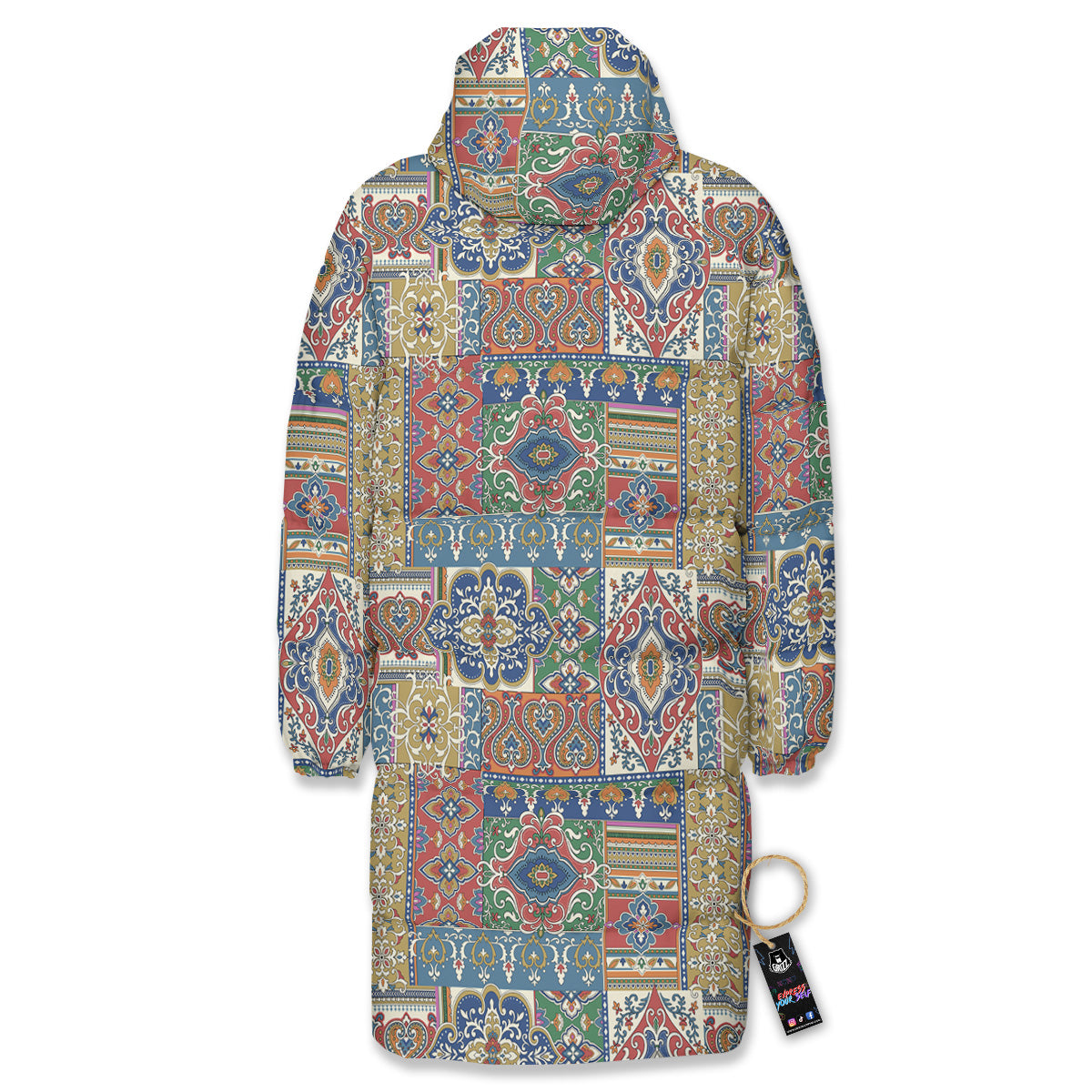 Patchwork Damask Vintage Print Pattern Long Down Jacket-grizzshop
