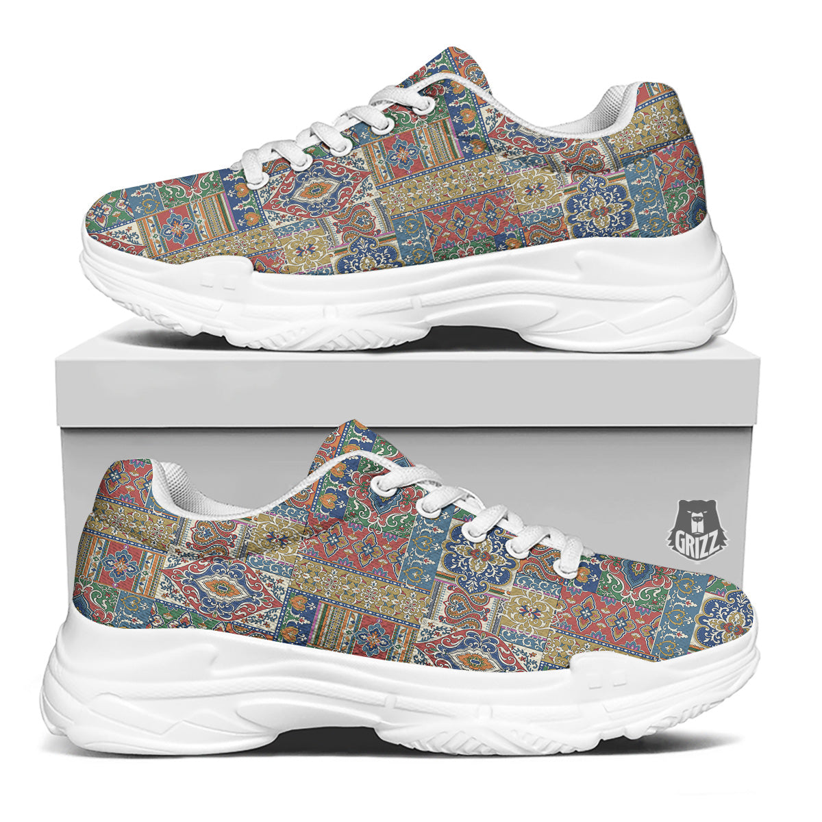 Patchwork Damask Vintage Print Pattern White Chunky Shoes-grizzshop