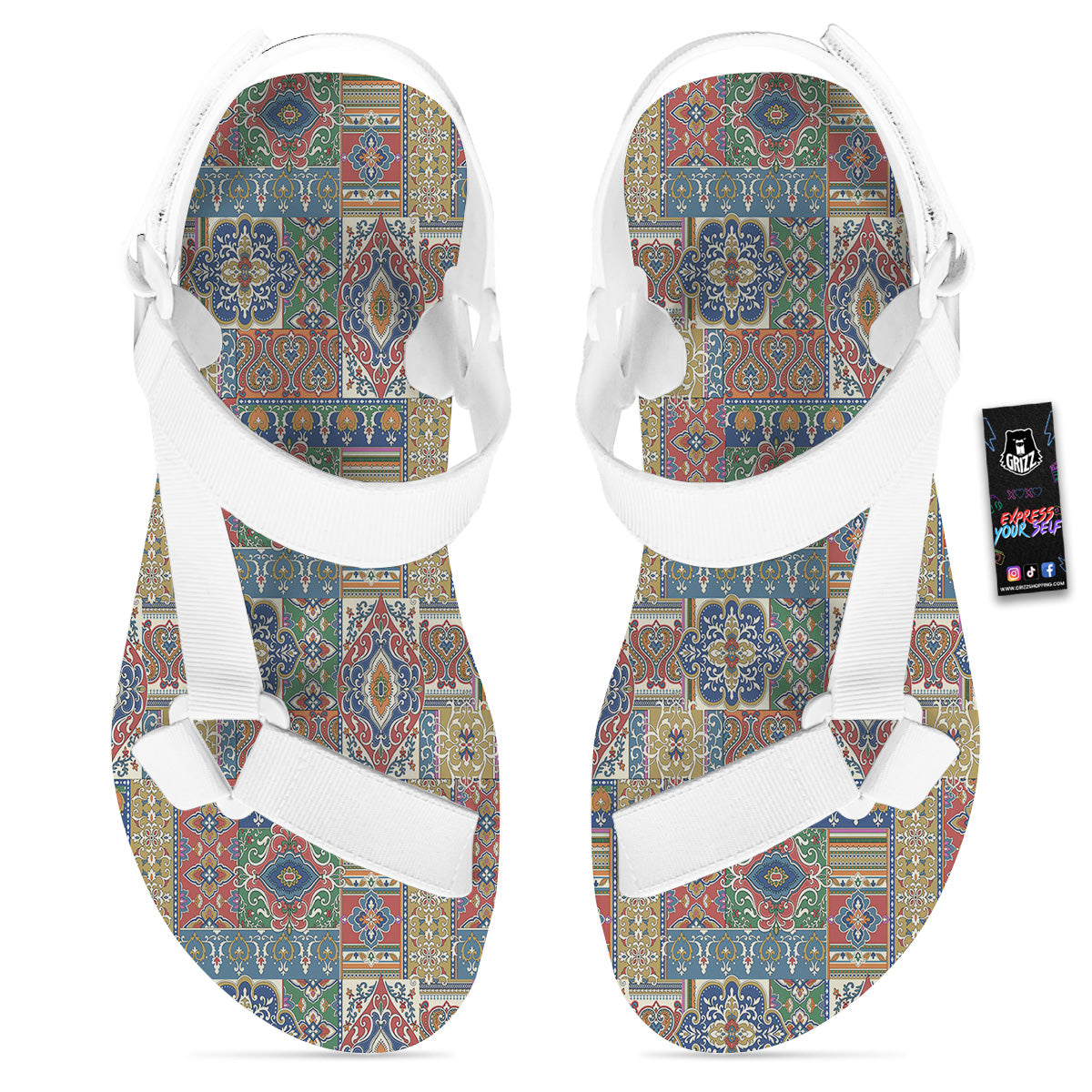 Patchwork Damask Vintage Print Pattern White Open Toe Sandals-grizzshop