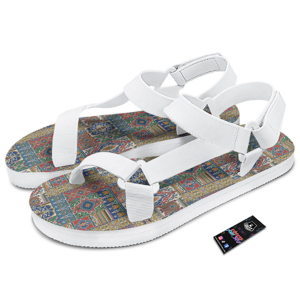 Patchwork Damask Vintage Print Pattern White Open Toe Sandals-grizzshop
