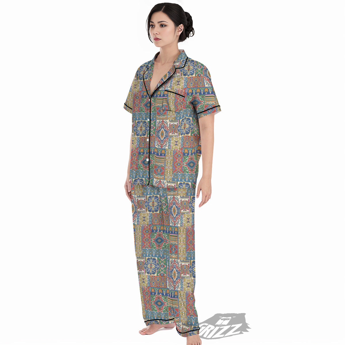 Patchwork Damask Vintage Print Pattern Women's Pajamas Set-grizzshop
