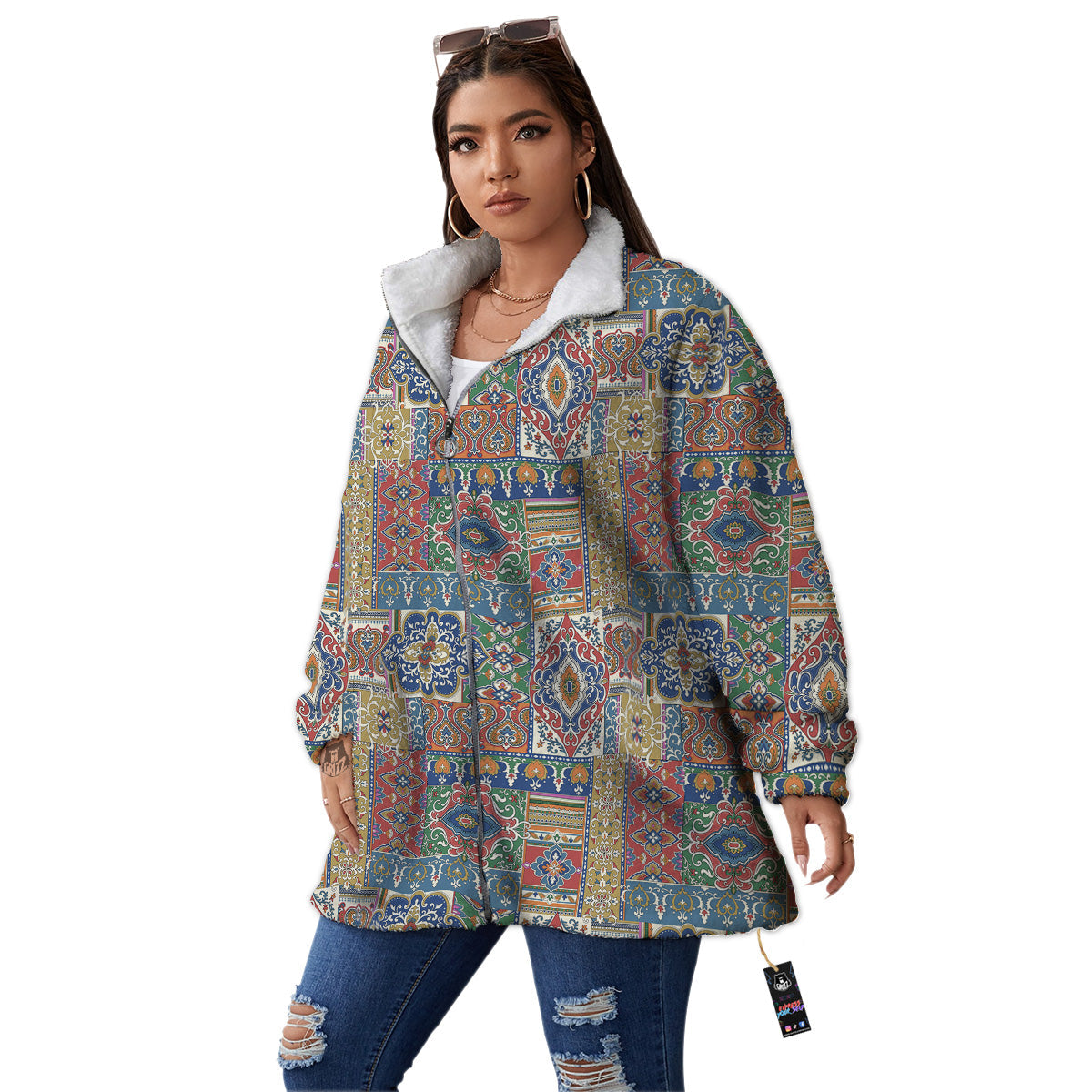 Patchwork Damask Vintage Print Pattern Women's Sherpa Jacket-grizzshop