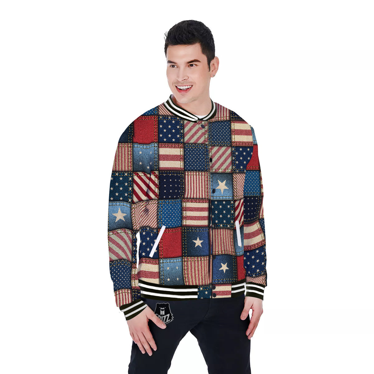 Patchwork Denim American Print Pattern Baseball Jacket-grizzshop