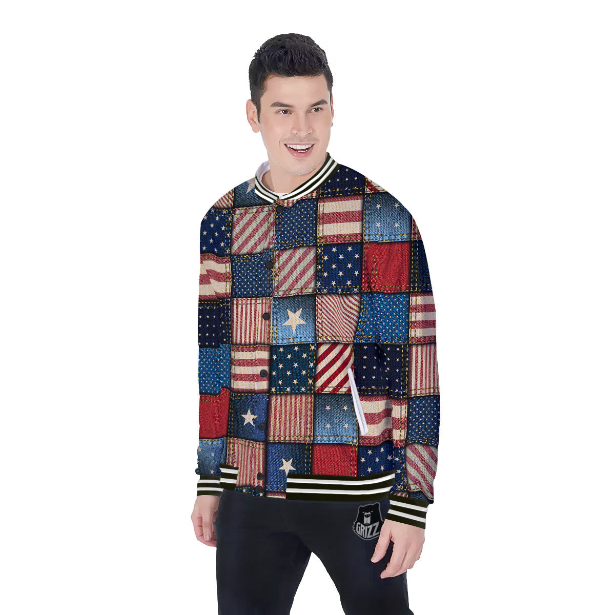 Patchwork Denim American Print Pattern Baseball Jacket-grizzshop