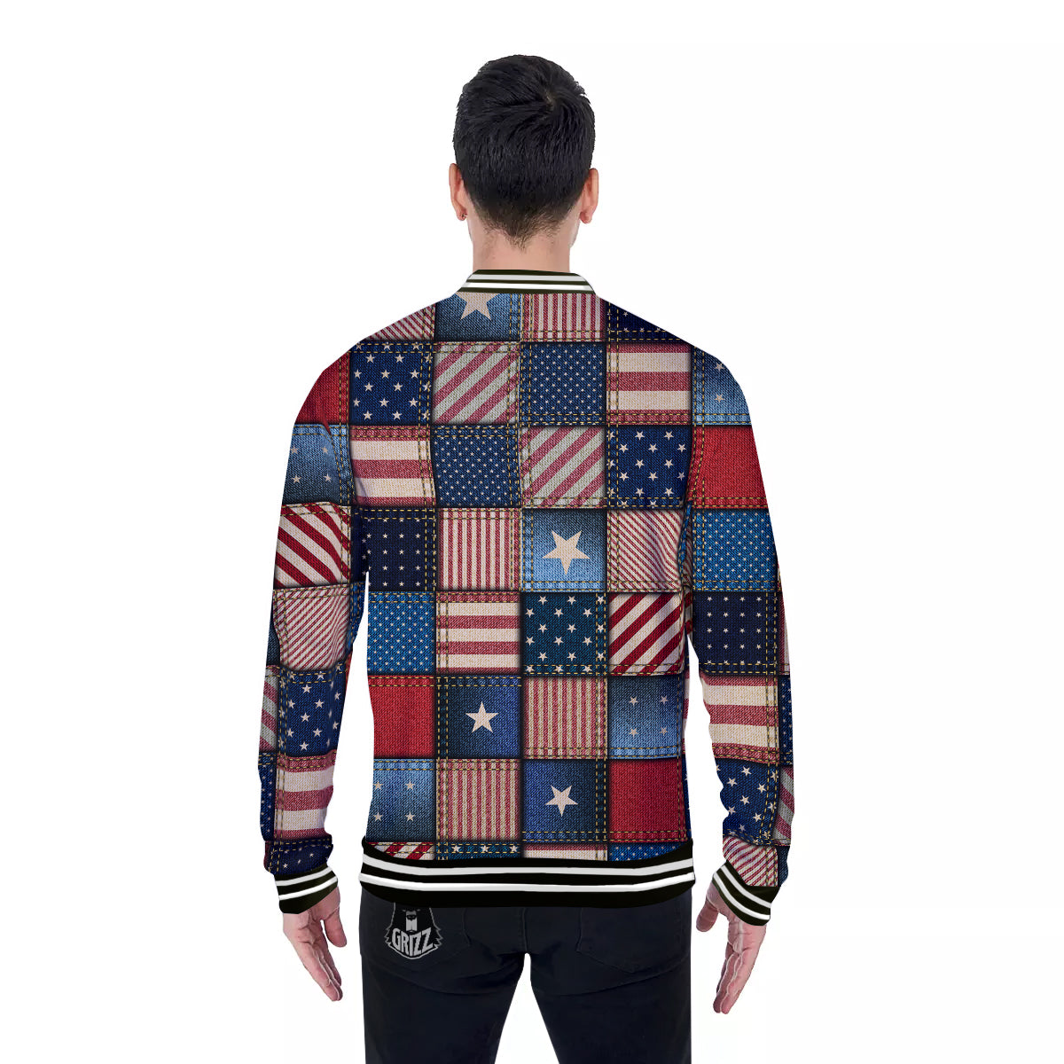 Patchwork Denim American Print Pattern Baseball Jacket-grizzshop