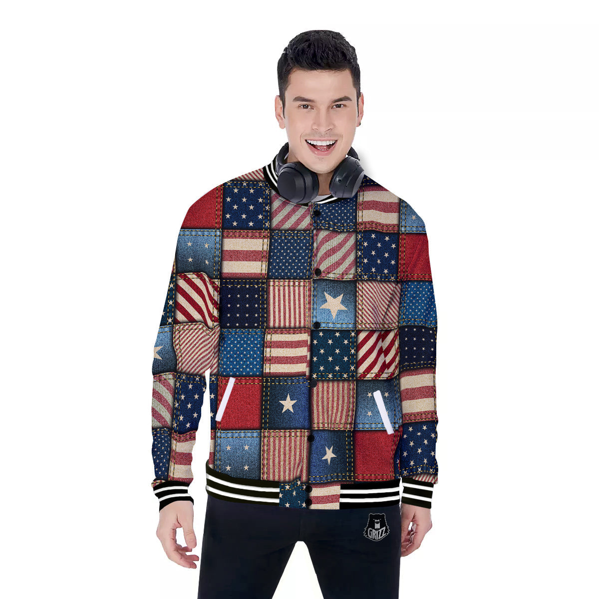 Patchwork Denim American Print Pattern Baseball Jacket-grizzshop