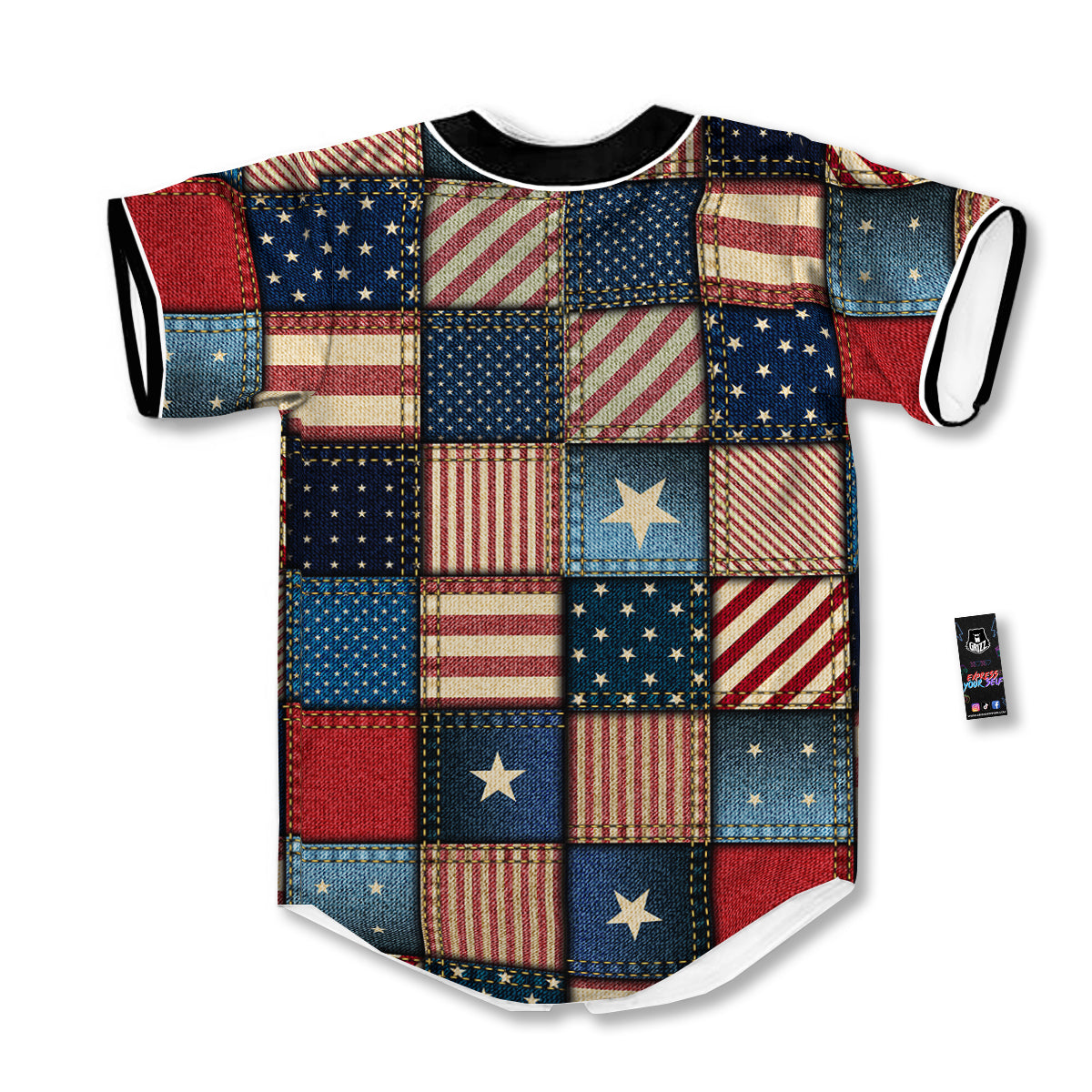 Patchwork Denim American Print Pattern Baseball Jersey-grizzshop
