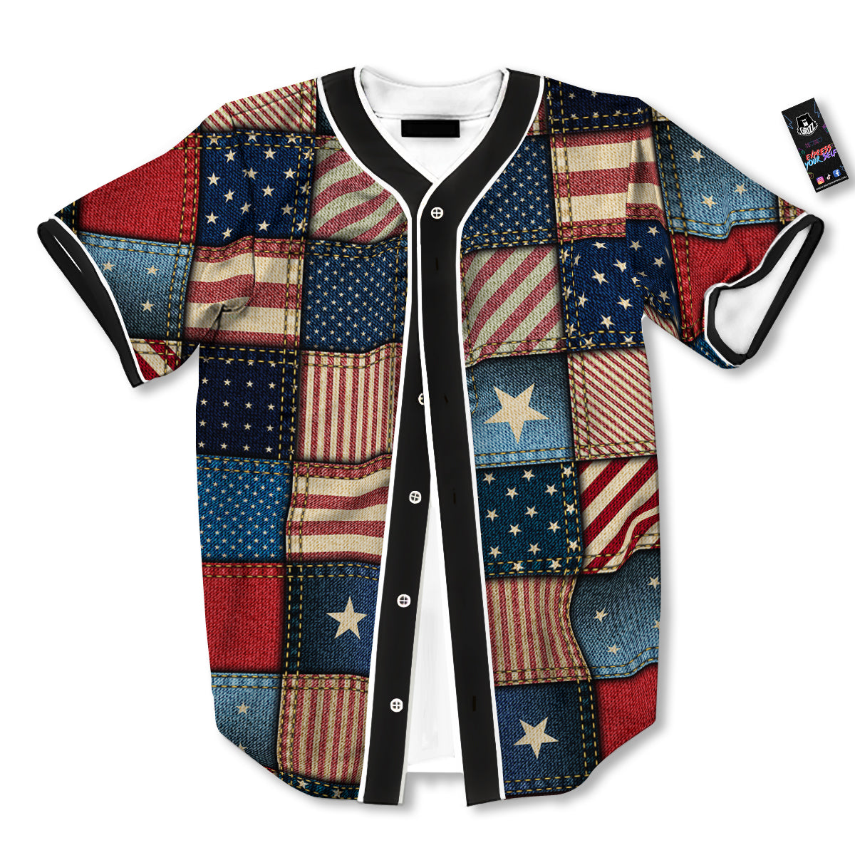 Patchwork Denim American Print Pattern Baseball Jersey-grizzshop