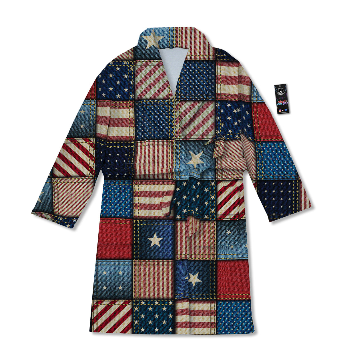 Patchwork Denim American Print Pattern Bathrobe-grizzshop
