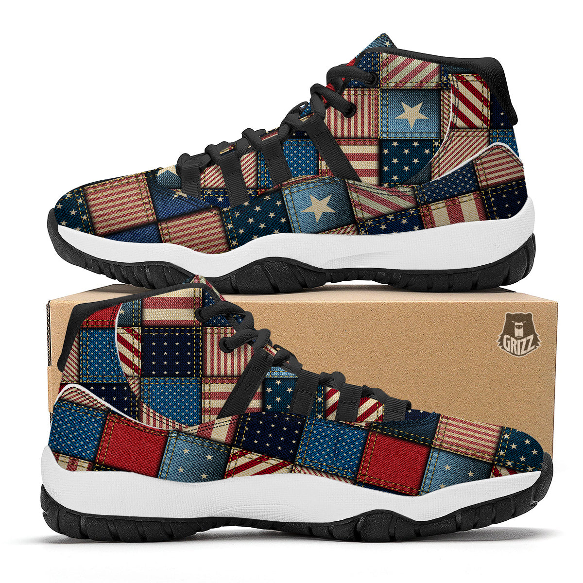 Patchwork Denim American Print Pattern Black Bball Shoes-grizzshop