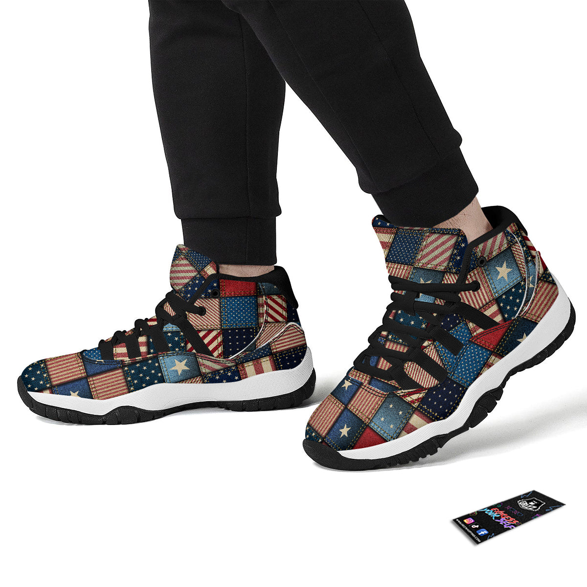 Patchwork Denim American Print Pattern Black Bball Shoes-grizzshop