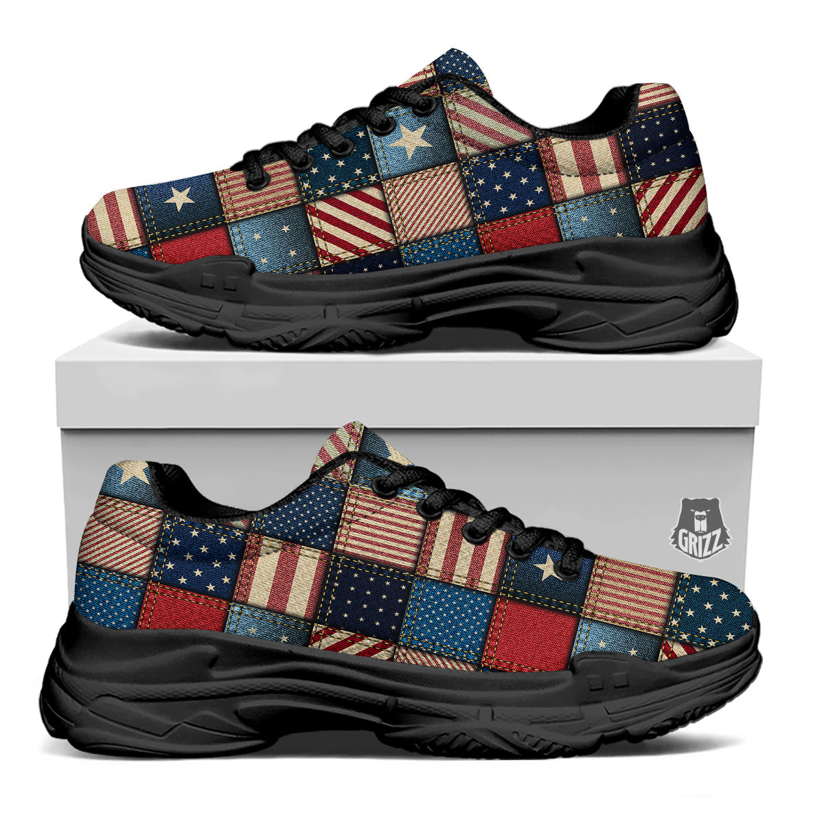 Patchwork Denim American Print Pattern Black Chunky Shoes-grizzshop