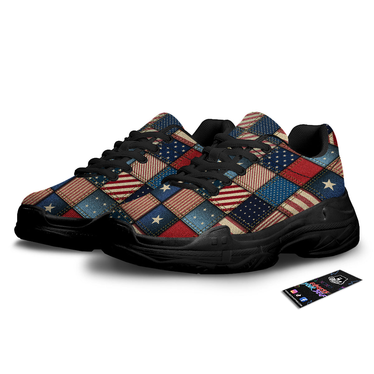 Patchwork Denim American Print Pattern Black Chunky Shoes-grizzshop