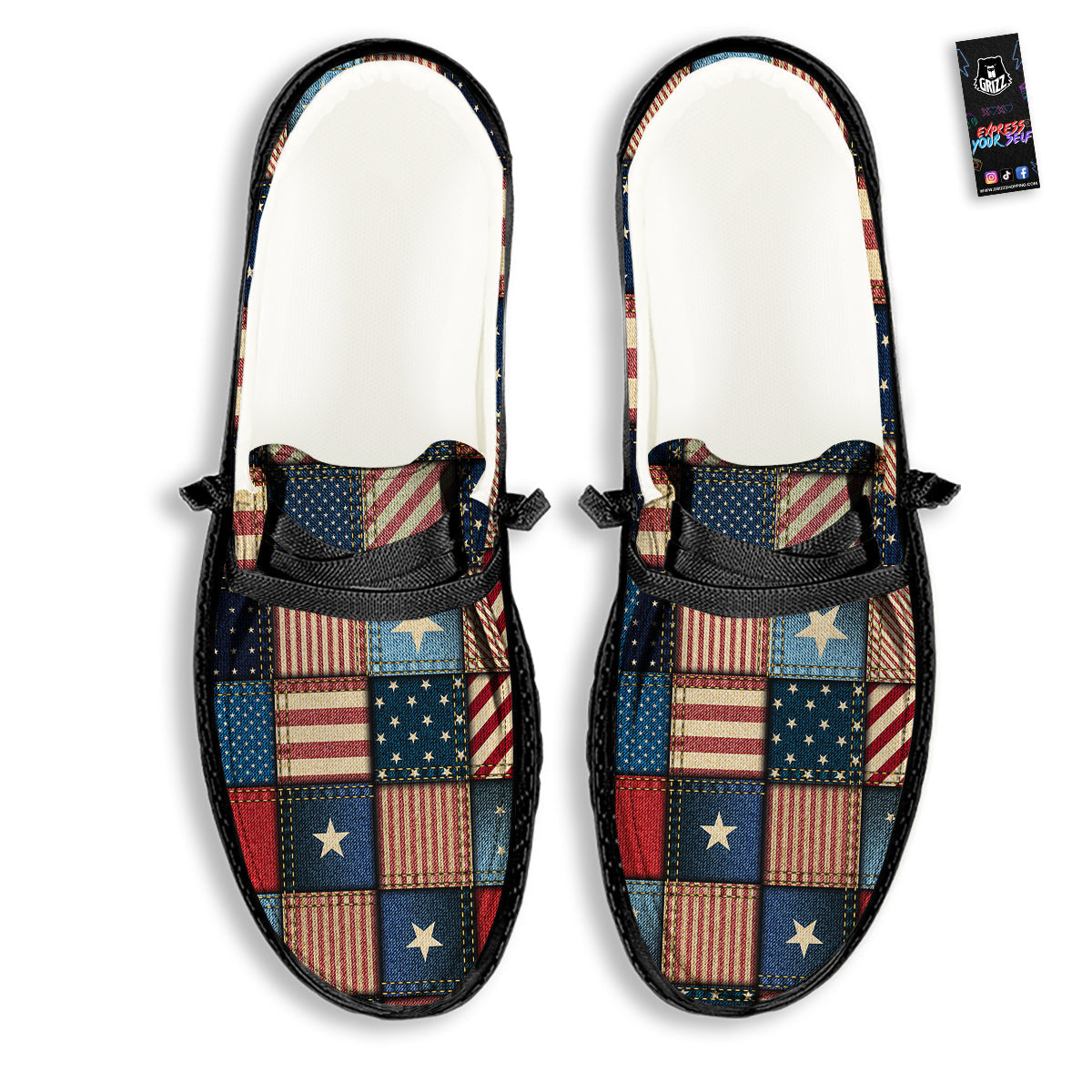 Patchwork Denim American Print Pattern Black Loafers-grizzshop
