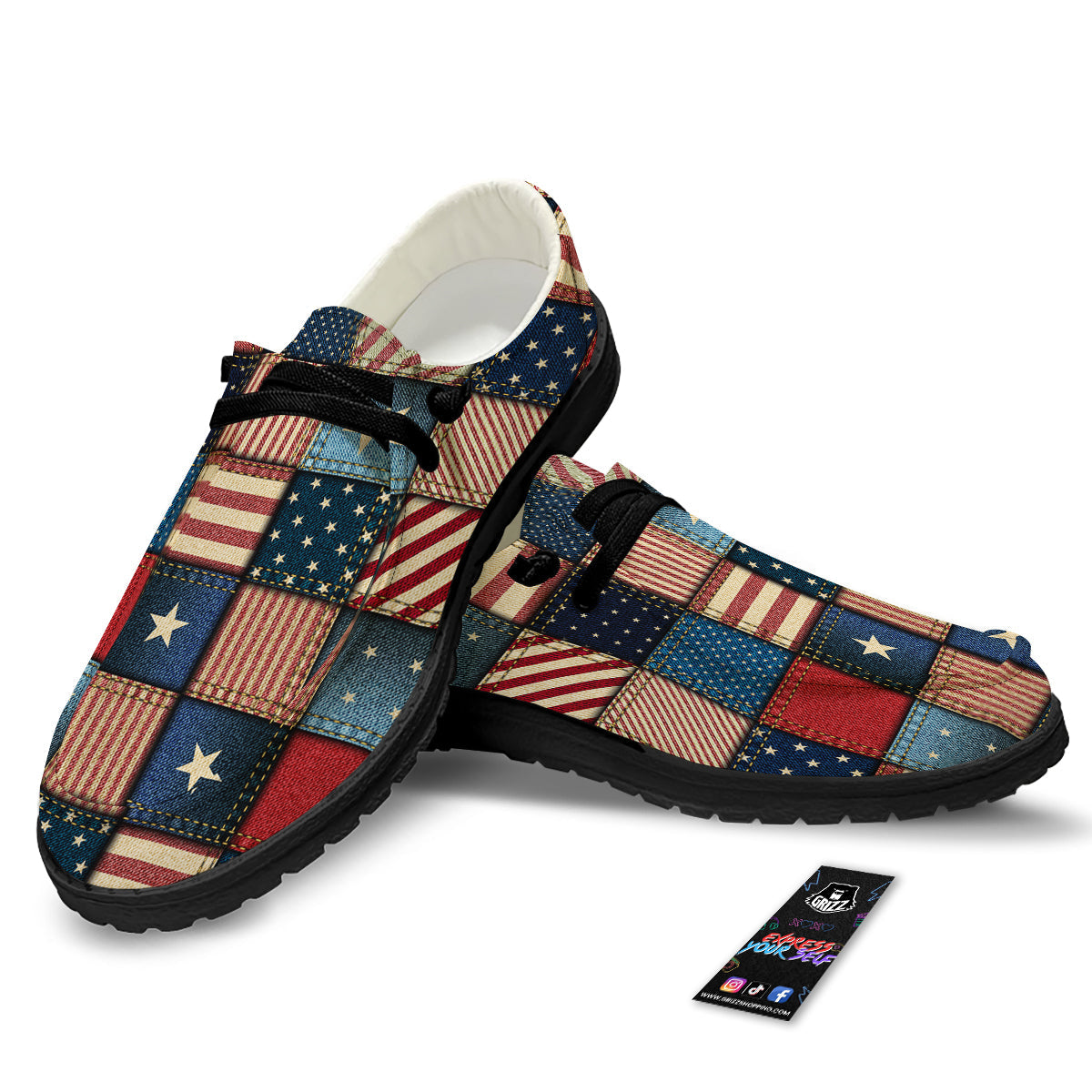 Patchwork Denim American Print Pattern Black Loafers-grizzshop